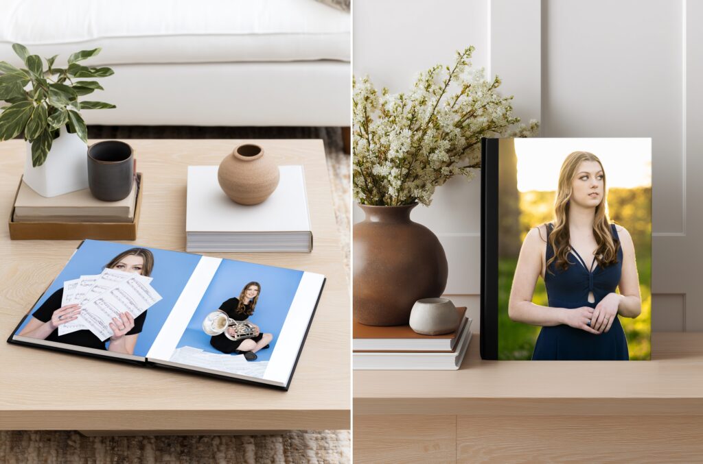 Heirloom photo album flat lay with linen cover and thick pages