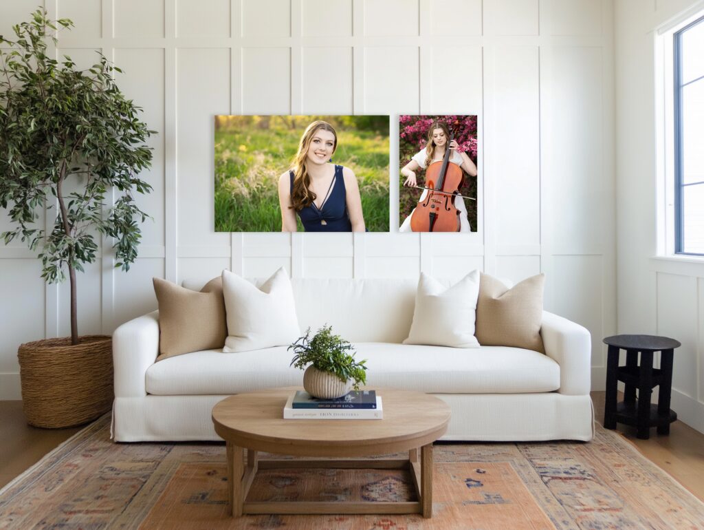 Framed wall art of senior portraits styled in a living room